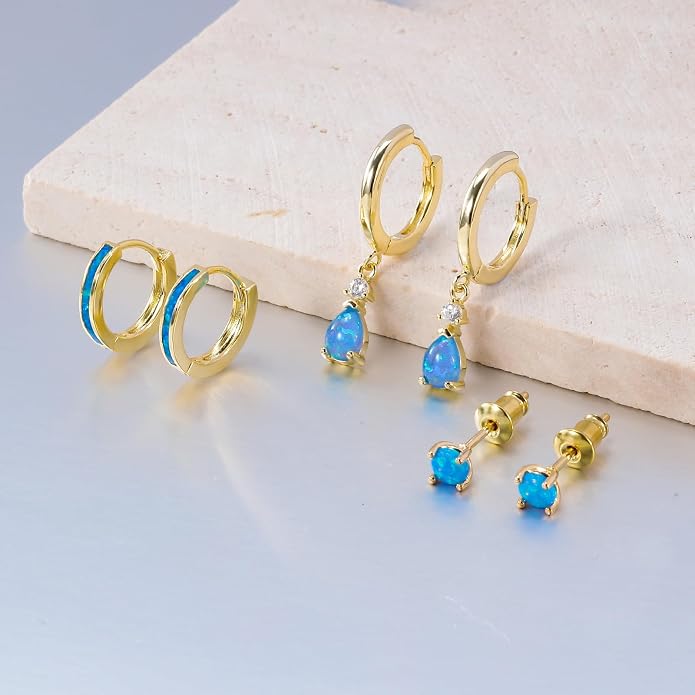 CiNily Opal Earrings Set for Women Hypoallergenic, Opal Stud Huggie Hoop Earrings Silver/Rose Gold Plated Dainty Hoop Huggie Silver Dangle Earring Stacks, Gold Jewelry