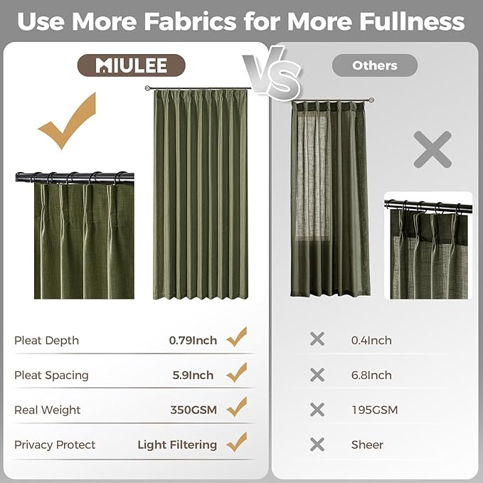 MIULEE Olive Green Pinch Pleated Thick Linen Curtains 102 Inches Long 2 Panels for Living Room Bedroom, Linen Texture Drapes Memory Trained Semi Sheer Moss Green Window Curtains with Hooks&Rings