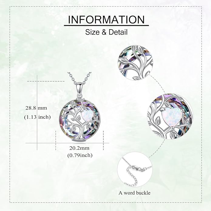 Tree Of Life Birthstone Necklace 925 Sterling Silver Crystal Family Tree Pendant Necklaces Heart Birthstone Jewelry For Women Female Anniversary Birthday Gifts