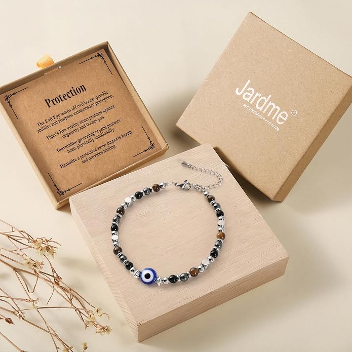 Jardme Natural Healing Crystals Bracelets for Women, Anxiety Relief Triple Protection Good Luck, Kalm Bracelet, Inspirational Spiritual Jewelry Gift for Friends Daughter Mom 6.5+2 Inches