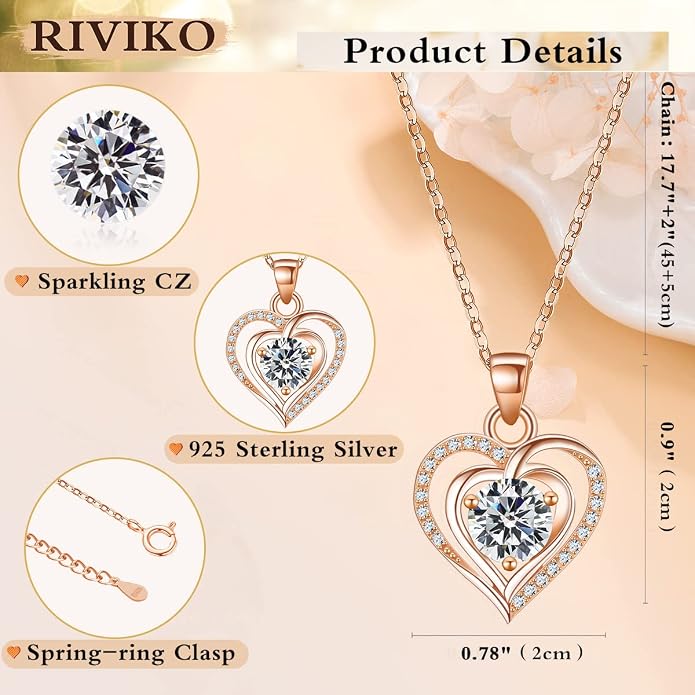 RIVIKO Heart Birthstone Pendant Necklace for Women 925 Sterling Silver Zirconia Necklaces Valentine's Day Anniversary Birthday Mothers Day Jewelry Gifts For Her Mother Wife