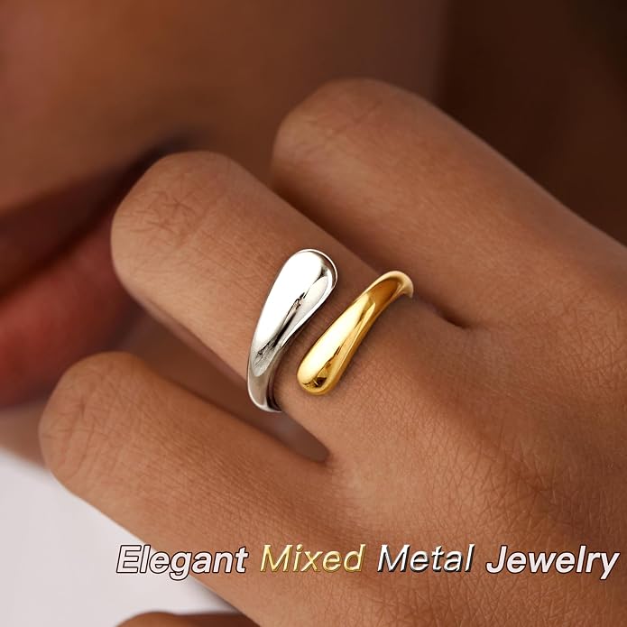 Non Tarnish Gold Chunky Rings for Women, 14K Gold Plated Statement Dome Rings Stacking Silver, Adjustable Mens Eternity Wedding Band Mixed Metal Jewelry Size 3-13