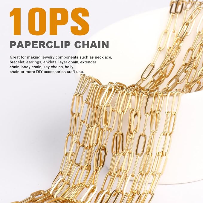 10PCS Gold Paperclip Chains Necklace Bulk 2.5MM 20 Inches 18K Gold PVD Plated Stainless Steel Finished Paperclip Link Chain Bulk forJewelry Making