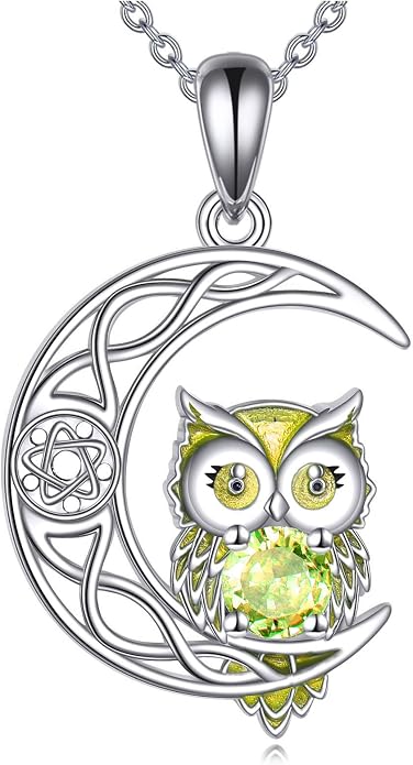Owl Birthstone Necklace Sterling Silver Celtic Moon Pendant Cubic Zirconia Owls Jewelry Birthday Gifts for Women Men