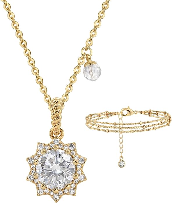 MEVECCO 14K Gold Plated Radiant Sun Necklace & Layered Satellite Chain Bead Bracelet Set for Women, Cubic Zirconia Birthstone Removable Pendant Design, Dainty Simple Jewelry