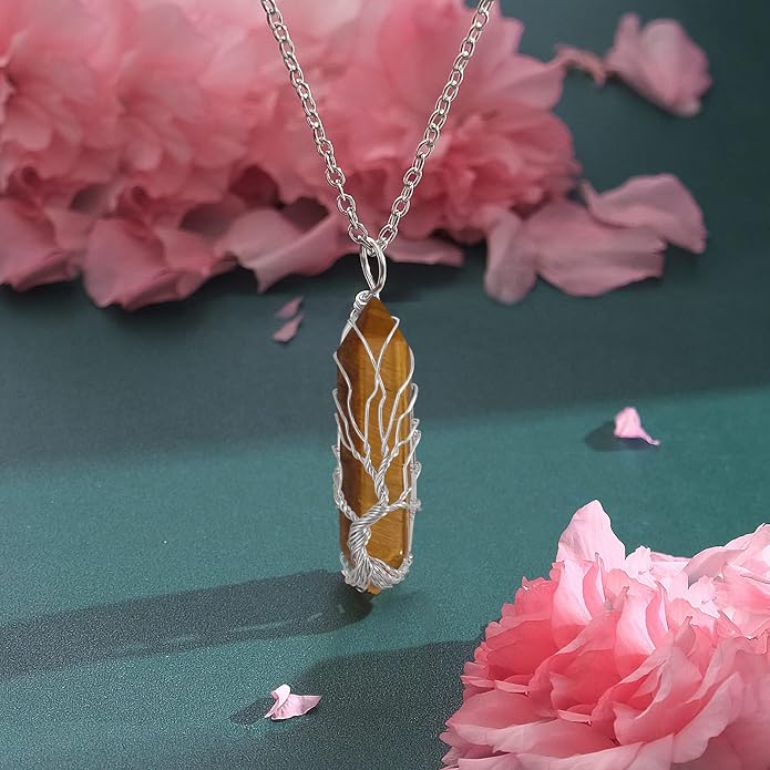 VIBILIA Healing Crystal Necklace Tree of Life Wire Wrapped Natural Stone Point Pendant Necklace Hexagonal Reiki Spiritual Quartz Gemstone Jewelry for Women Men