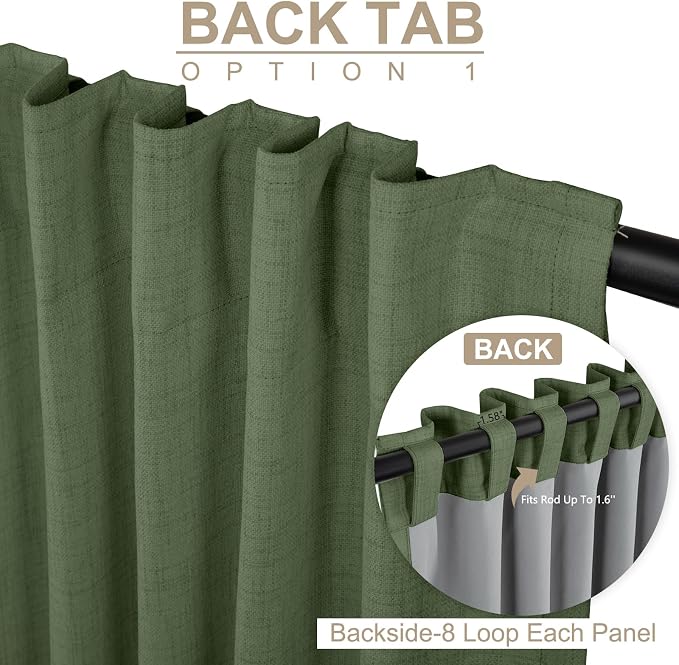 100% Blackout Shield Olive Green Linen Blackout Curtains for Bedroom 90 Inches Long, Back Tab/Rod Pocket Living Room Drapes, Thermal Insulated Blackout Curtains 2 Panels Set, 50" W x 90" L