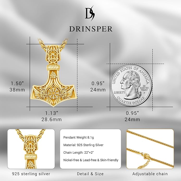 Viking Mjolnir Thors Hammer Necklace Norse Thor Talisman Amulet Pendant 925 Sterling Silver 18k Gold Plated Viking Jewelry Gifts for Men Women