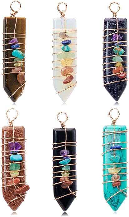 6 Pieces Natural Raw Crystal Point Pendant Reiki 7 Chakra Healing Quartz Gemstone Chips Rose Gold Copper Wires Wrapped Charms for Jewelry Making Necklace
