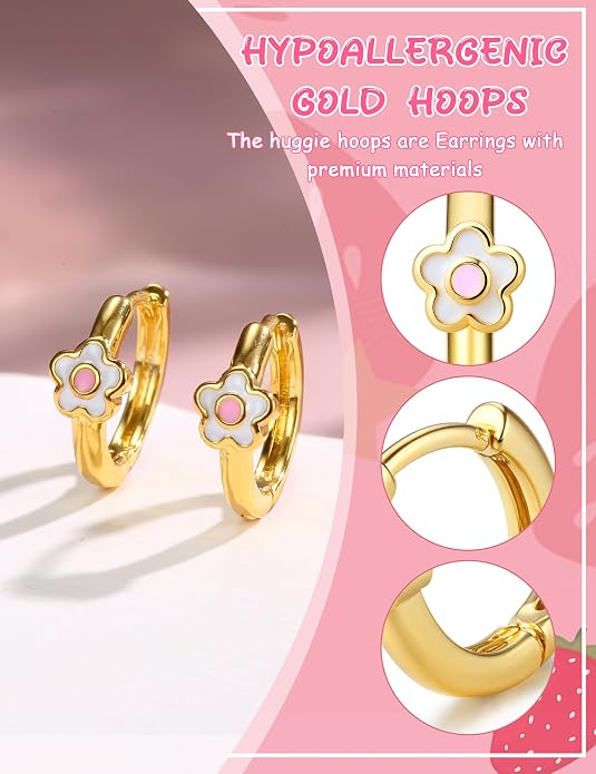 Florideco Hypoallergenic Earrings for Women 316 Surgical Steel Earrings for Sensitive Ears Cute Small Daisy Hoop Earring Heart Flower Strawberry Rainbow Flat Back Earring Sets