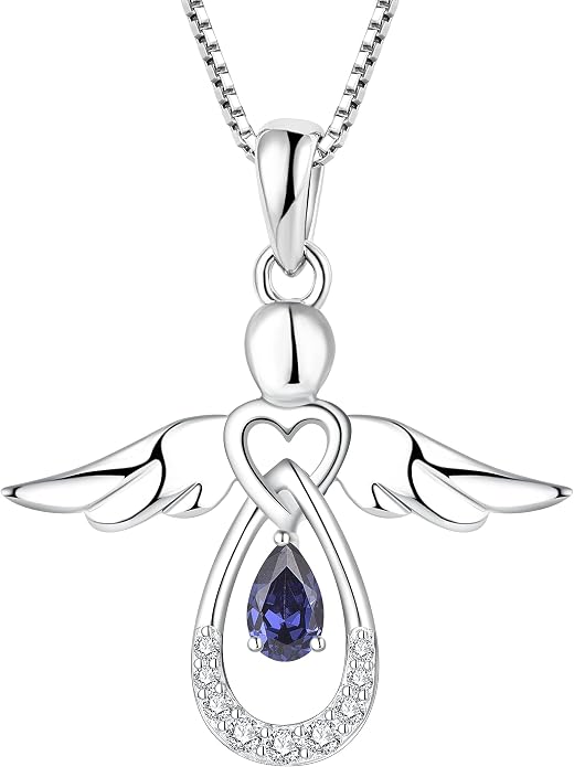FJ Guardian Angel Necklace 925 Sterling Silver Birthstone Pendant Angel Jewelry Gifts for Women