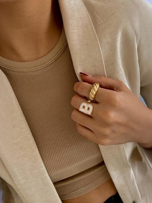 FindChic Initial Ring for Women, Gold Plated Chunky Letter Rings Open Adjustable Trendy Sparkling Cubic Zirconia Personalized Statement Rings Jewelry Gift