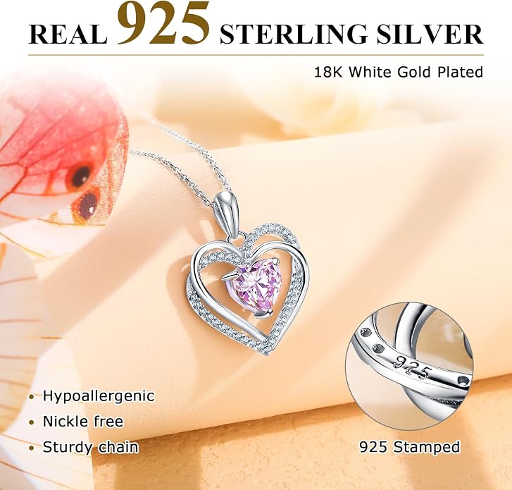 Anniversary Charm Necklace, Sterling Silver 14K Gold Plated Chain with Interlocking Heart Pendant Elegant Birthstone Necklaces for Women, Length 18"