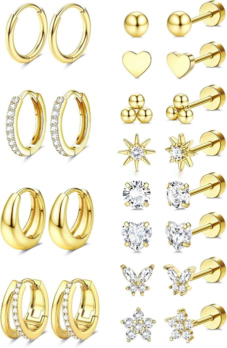 Jstyle Hypoallergenic 14K Gold Plated Stud Hoop Earrings for Women Men Surgical Stainless Steel Flat Back Earrings Small Huggie Hoops Cartilage Earring Set for Multiple Piercing Jewelry Gift for Women