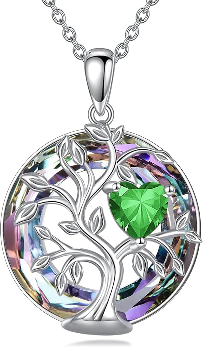 Tree Of Life Birthstone Necklace 925 Sterling Silver Crystal Family Tree Pendant Necklaces Heart Birthstone Jewelry For Women Female Anniversary Birthday Gifts