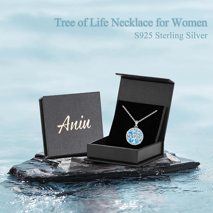 Aniu Tree of Life Necklace for Women, 925 Sterling Silver Mother of Pearl Family Palm Tree Charm Pendant Jewelry for Birthday Christmas Gift