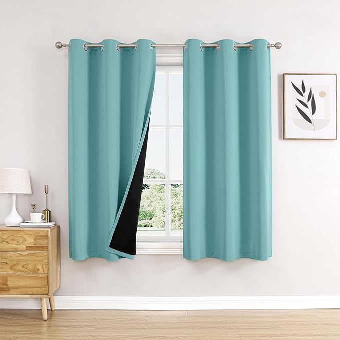 ChrisDowa 100% Blackout Curtains for Bedroom 45 Inches Long 2 Panels Set | 2 Thick Layers, Thermal Insulated, Light Blocking, Grommet, Window Treatment, Living Room Drapes, Aqua, 42 x 45 Inch