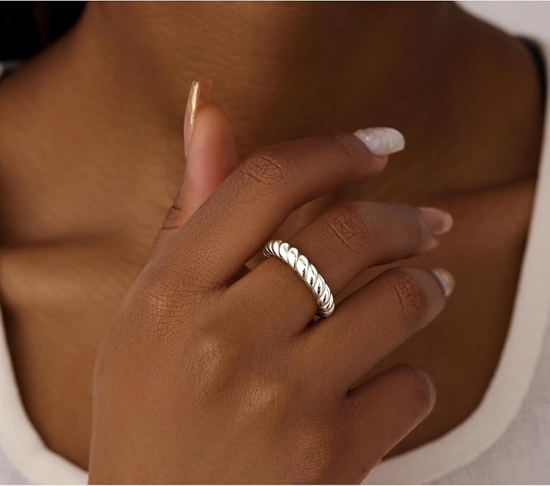 Non Tarnish Gold Chunky Rings for Women, 14K Gold Plated Statement Dome Rings Stacking Silver, Adjustable Mens Eternity Wedding Band Mixed Metal Jewelry Size 3-13