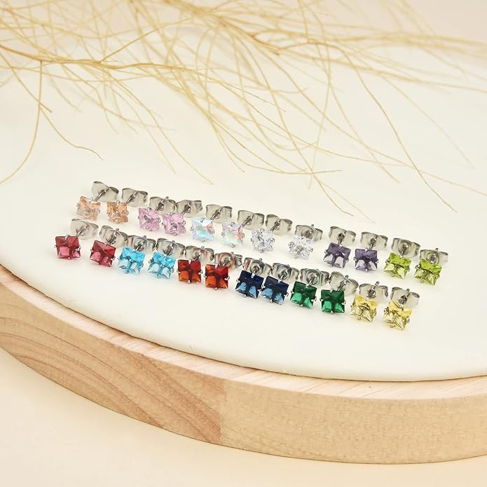 12 Pairs Surgical Stainless Steel Stud Earring Round Heart Star Square Cubic Zirconia Birthstone Stud Earrings Set for Women