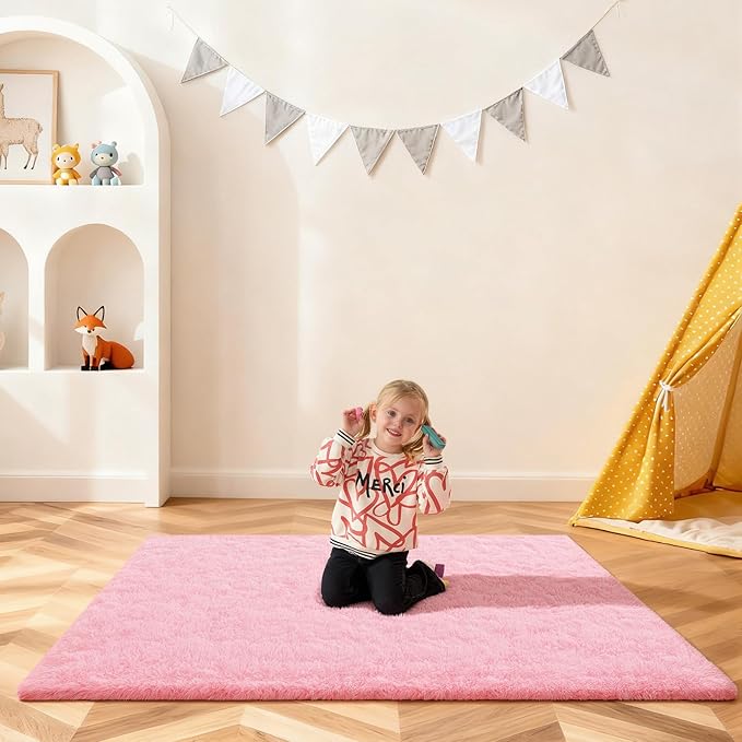Pink Rug for Bedroom, 4x6 Fluffy Area Rugs for Living Room, Small Fuzzy Shag Soft Non-Slip Carpet for Kids Girls and Boys Nursery Dorm Indoor Room Home Decor (4ft X 6ft, Pink)