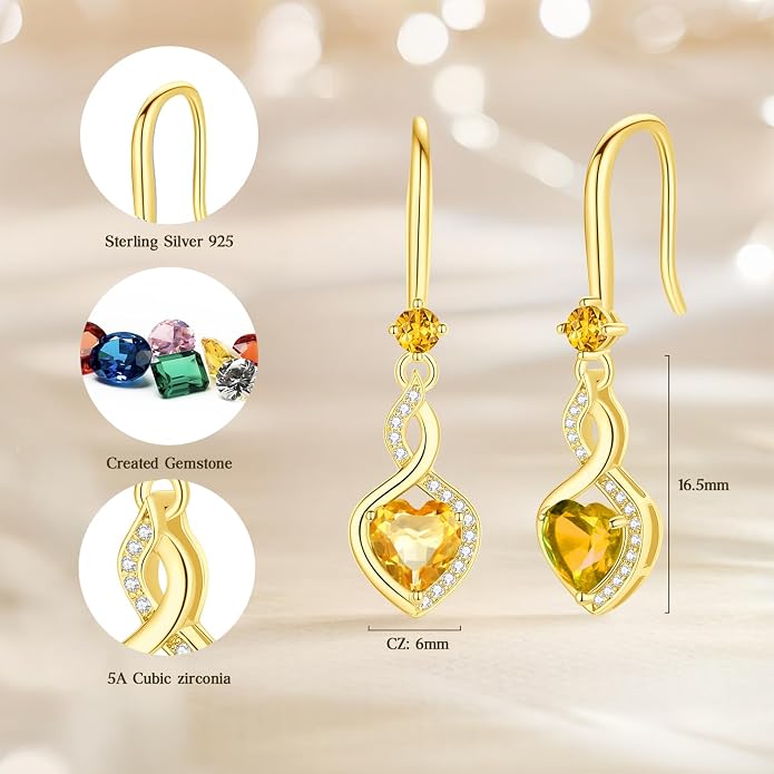 FANCIME Heart Infinity Dangle Drop Earrings 925 Sterling Silver Heart Gemstone Birthstone Earring