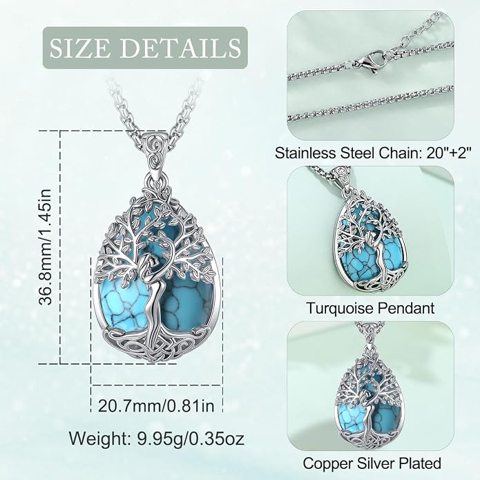 EUDORA Tree of Life Necklace with Moonstone Amethyst Obsidian Turquoise Healing Crystal for Women, Silver Plated Copper Mother Tree of Life Pendant Amulet Energy Jewelry, Gift for Women Mom, 20"+2"