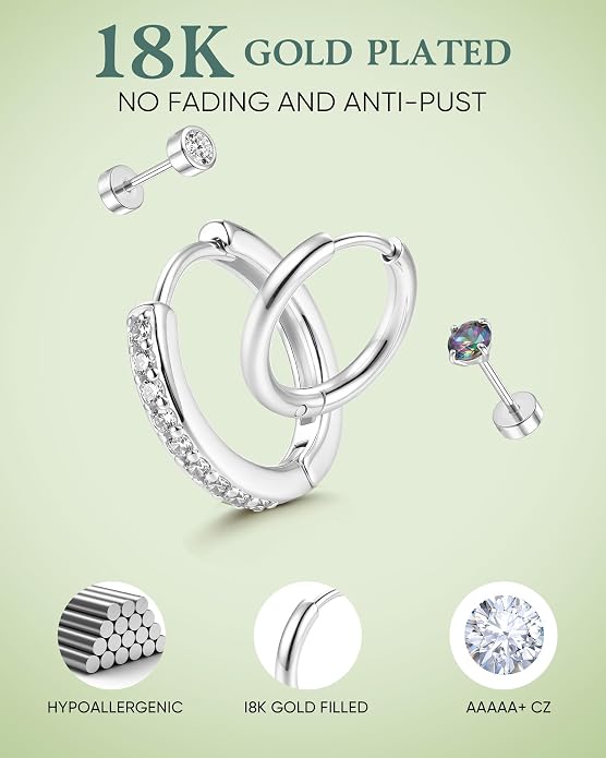 14K Gold Plated Hypoallergenic Earring Stack Set, Surgical Steel Flat Back & Screw Back Studs, Multi‑Size Small Huggie Hoops, Nickel‑Free CZ Pearl Opal Cartilage Earrings, Comfortable Sleeping Piercing Jewelry for Sensitive Ears Women & Men