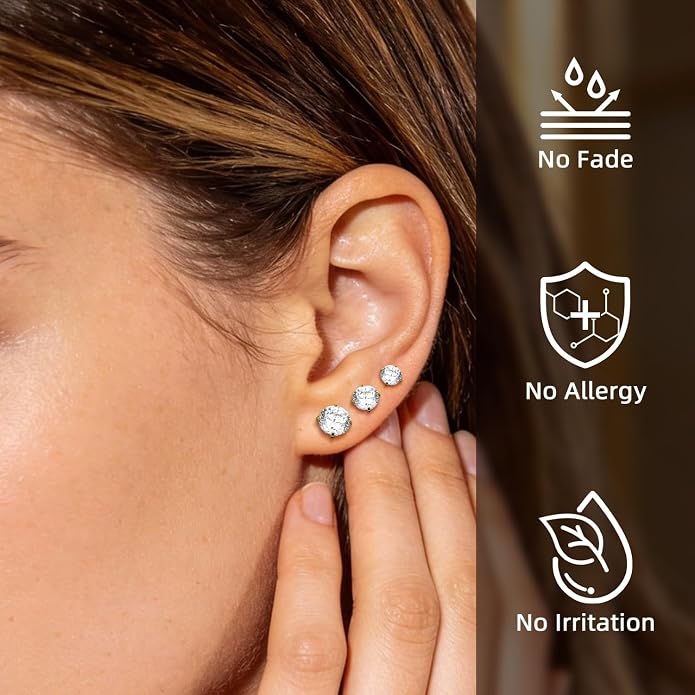 XUU Flat Back Stud Earrings, Implant Grade Titanium Earrings Set for Women, Hypoallergenic 20G Screw Back Earrings for Sensitive Ears, 3–6mm CZ Crystal, Gold Silver Black