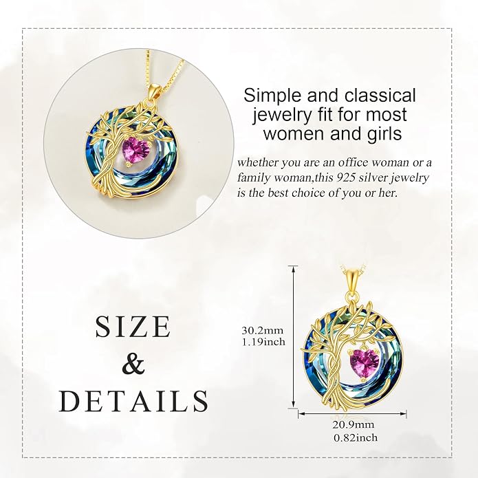 POPLYKE Mothers Day Gifts for Mom Her Wife Tree of Life Necklace 925 Sterling Silver Birthstone Pendant with Crystal Anniversary Birthday Wedding Jewelry for Women
