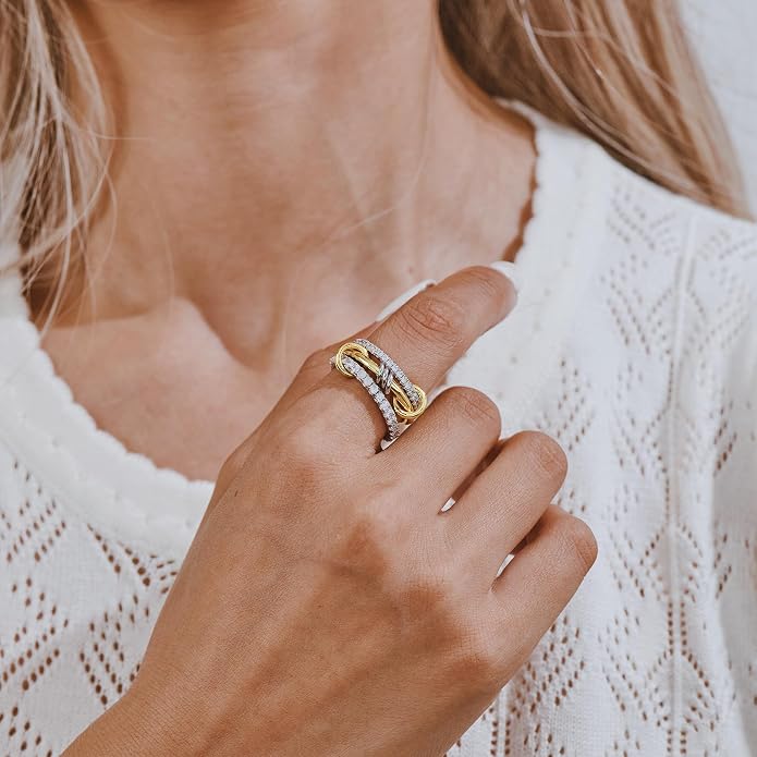 AllenCOCO 14K Gold Plated Stackable Rings, 3 Ring Set with CZ Cubic Zirconia, Gold & Silver Stacked, Interlocking Band for Women Statement