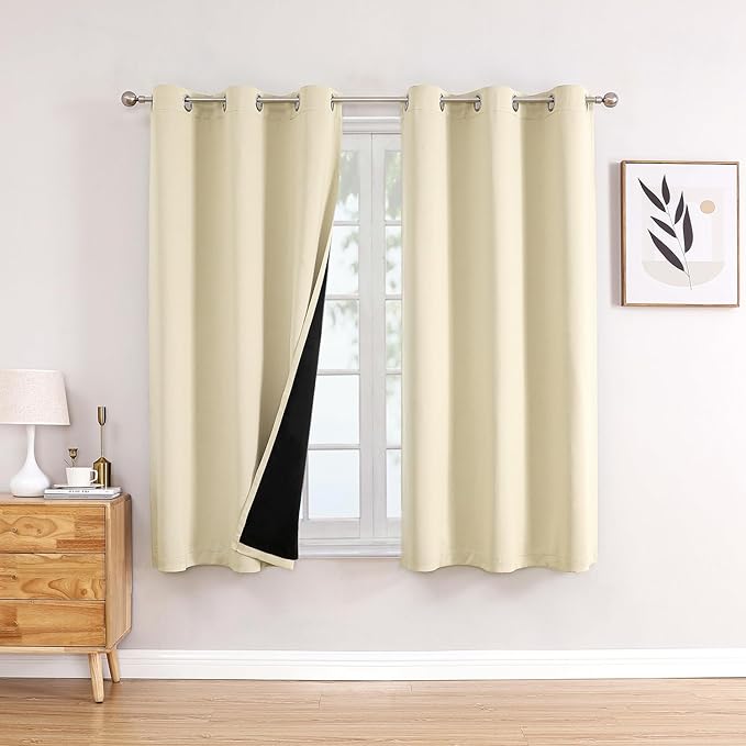 ChrisDowa 100% Blackout Curtains for Bedroom 63 Inches Long 2 Panels Set | 2 Thick Layers, Thermal Insulated, Light Blocking, Grommet, Window Treatment, Living Room Drapes, Light Beige, 42 x 63 Inch