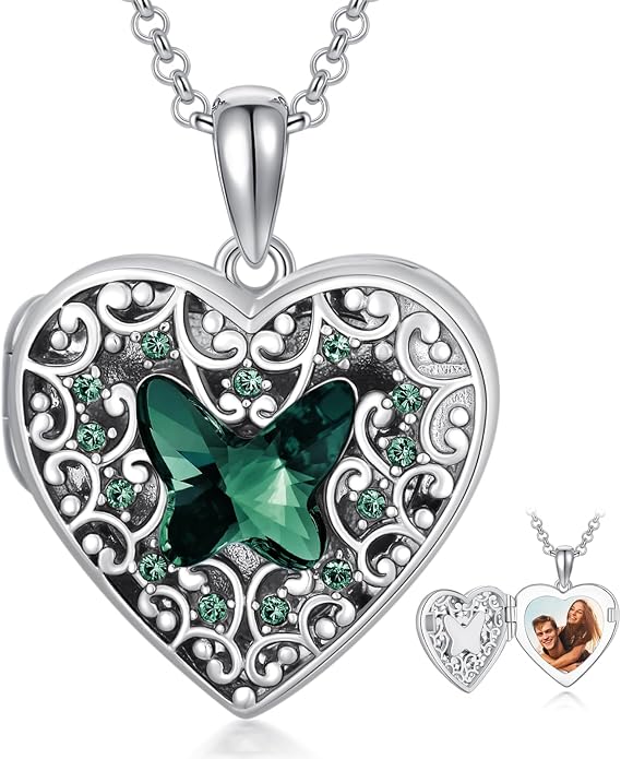 Dorunmo Personalized Locket Necklace 925 Sterling Silver that Holds Pictures Butterfly Birthstone Photo Heart Locket Custom Jewelry Congratulations New Beginnings New Job Gifts for Women