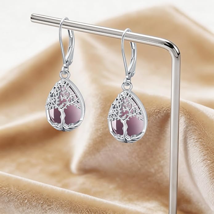 Odinstone 925 Sterling Silver Earrings Tree of Life Teardrop Moonstone Dangle Drop Leverback Earrings for Women
