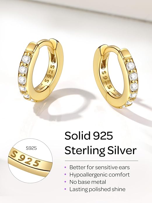 ChicSilver 925 Sterling Silver Huggie Earrings for Women 14K Gold Plated Silver Hoop Earrings for Women Hypoallergenic Small Cubic Zirconia Huggie Earring (6/8/10/12/14/16/18/20mm)