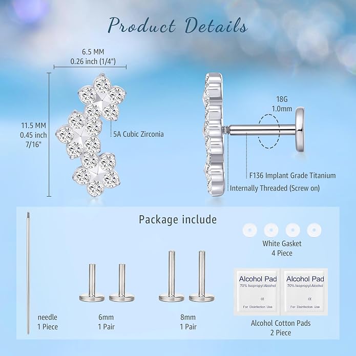 Limerencia 2Pcs 18g Titanium Internally Threaded Tragus Piercing Jewelry Nose Studs Flat Back Earrings Labret, Lip, Helix, Cartilage, Conch, Medusa Piercing for Women Men Sensitive Ears
