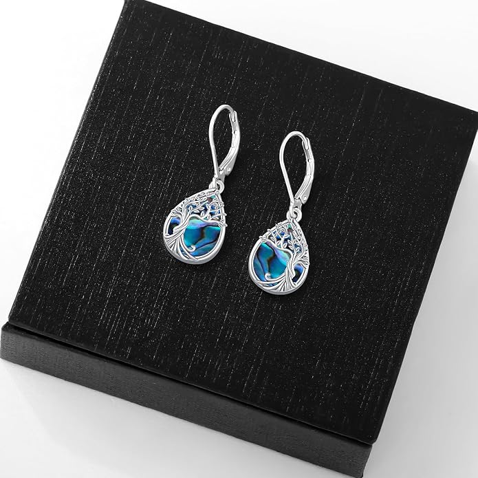 Odinstone 925 Sterling Silver Earrings Tree of Life Teardrop Moonstone Dangle Drop Leverback Earrings for Women