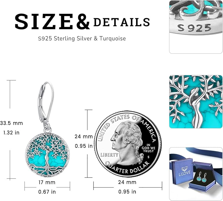 Black Cat/Turtle/Moonstone//Turquoise/Flower/Tree of Life Earrings Sterling Silver Cute Animal Leverback Dangle Earrings Jewelry Gifts