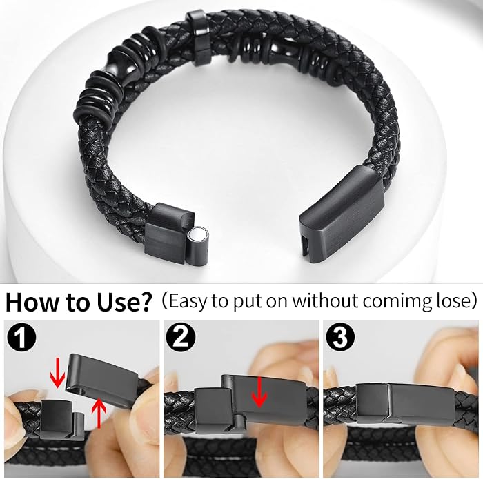 ChainsHouse Mens Wrap Braided Leather Black Bead Bracelets Bangles, Vintage Star of David/Wing Skull/Templar Cross Genuine Leather Bracelet, Customize Available, Size 7.5/8.3/9.0 Inch, Send Gift Box