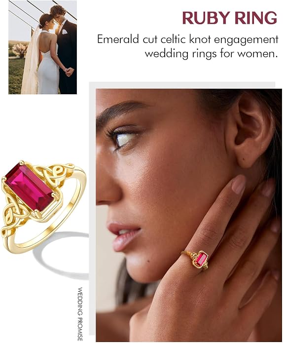 DAYBYDAY Celtic Birthstone Rings for Women, 925 Sterling Silver/18K Gold Plated Emerald Cut Celtic Knot Engagement Wedding Ring, Square Created Gemstone Promise Rings for Her Size 6-10