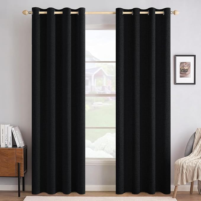 MIULEE Linen Texture Curtains for Bedroom Solid 100% Blackout Thermal Insulated Halloween Black Curtains Grommet Room Darkening Curtains/Draperies for Living Room 52x72 Inch (2 Panels)