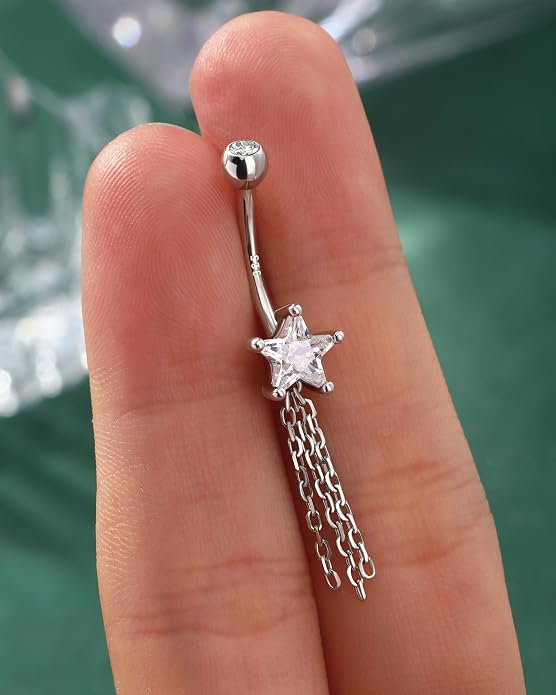 COCHARM 14K Gold Plated Belly Button Rings 925 Sterling Silver Belly Navel Rings for Women Star Navel Piercing Jewelry