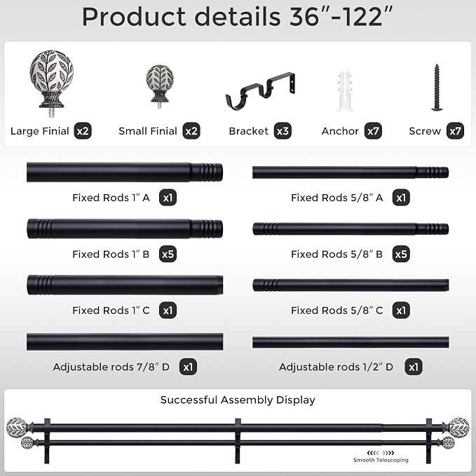 Boho Decorative Double Curtain Rod, 36-122 Inch, Matte Black | Handmade Leaf Finials, Heavy Duty Adjustable Long Rustic Metal Dual Layer Curtain Rods, 40 lb Capacity, Easy to Install
