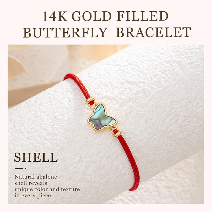 Red String Bracelet for Women, Genuine Abalone Shell Butterfly Charm, Handwoven Adjustable Cord, 14K Gold Filled Accent, Minimalist Friendship Jewelry Gift