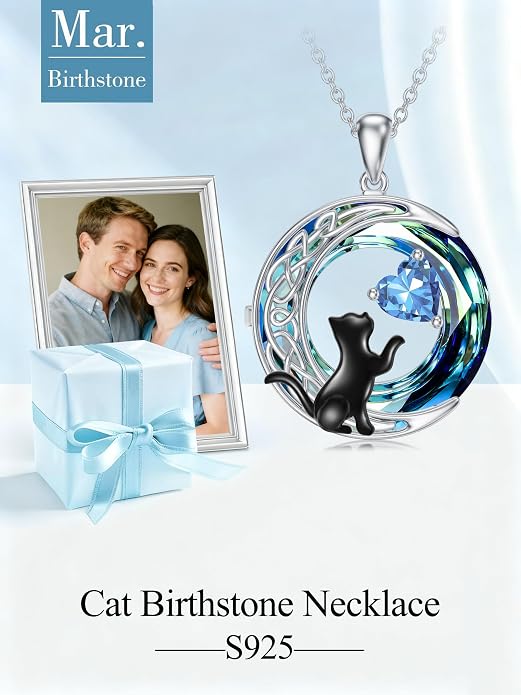 TOUPOP Cat Gifts for Cats Lovers 925 Sterling Silver Black Cat Necklace Celtic Moon Birthstone Jewelry for Women Anniversary Birthday Gift for Her Wife Mom