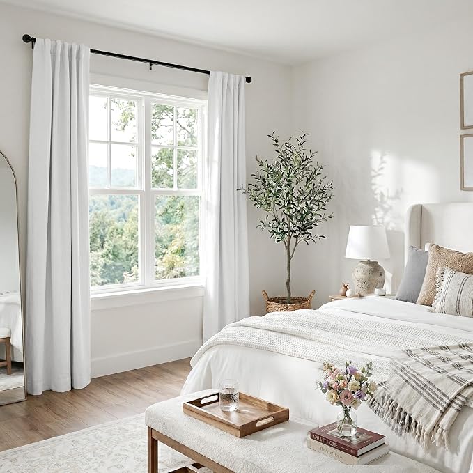 100% Blackout Shield White Linen Blackout Curtains for Bedroom 90 Inches Long, Back Tab/Rod Pocket Living Room Drapes, Thermal Insulated Blackout Curtains 2 Panels Set, 50" W x 90" L,Blanc de Blanc