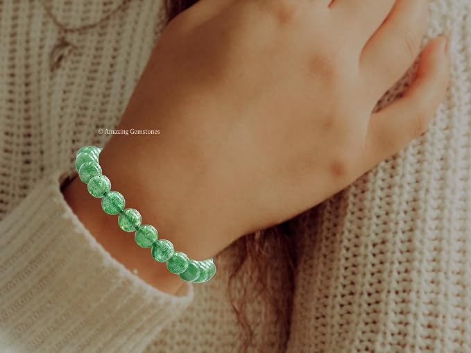 Amazing Gemstone Green Strawberry Quartz Bracelet for Women Men's Gifts - Protection Healing Crystal Bracelet - 8mm Gemstone Beaded Adjustable Bracelet Pulseras para Hombres Mujer Stocking Stuffers