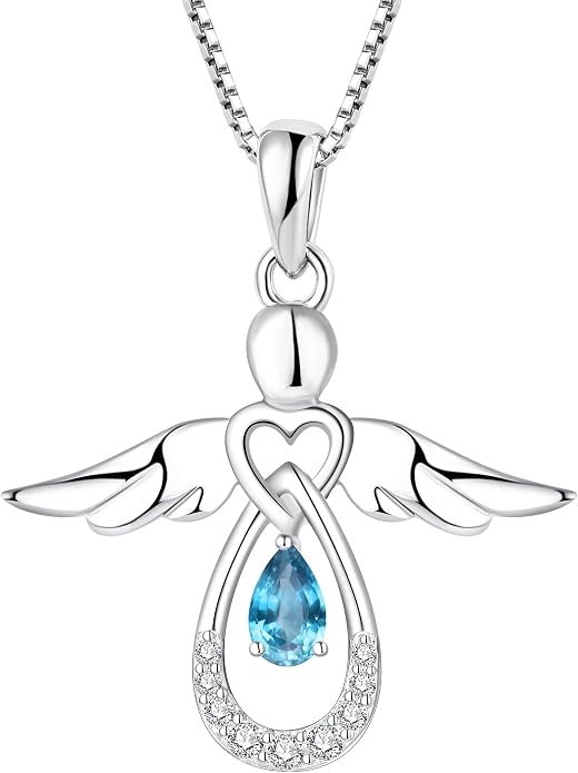 FJ Guardian Angel Necklace 925 Sterling Silver Birthstone Pendant Angel Jewelry Gifts for Women