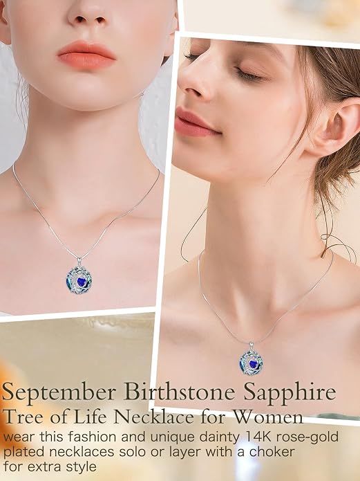 TOUPOP Tree of Life Birthstone Necklace Sterling Silver Pendant Birthstone Necklaces with Blue Crystal Anniversary Birthday Jewelry for Women Mom Wife Her