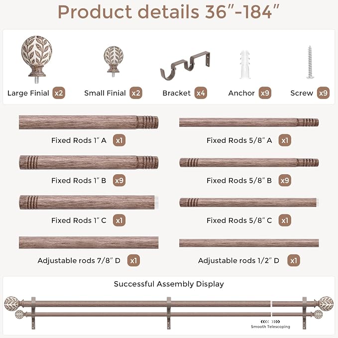 Boho Decorative Double Curtain Rod, 36-184 Inch, Weathered Wood | Handmade Wood Grain Leaf Finials, Heavy Duty Adjustable Exrta Long Rustic Metal Dual Rods, 40 lb Capacity, Easy to Install