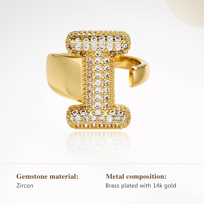 Cicy Bell Initial Rings for Women 14k Gold Plated Cubic Zirconia Delicate Letter Chunky Statement Open Rings Gifts for Her